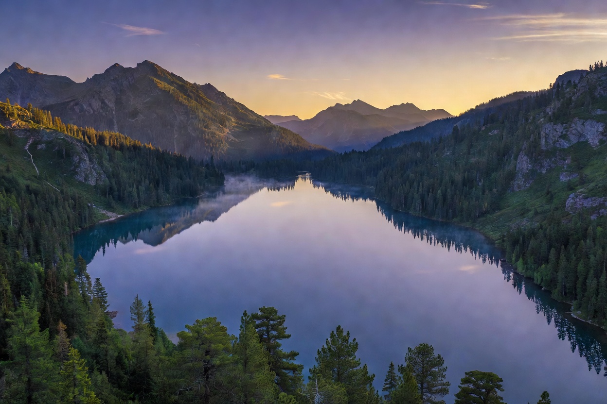 Calm lake surrounded by mountains at dusk, a peaceful setting for a first flight