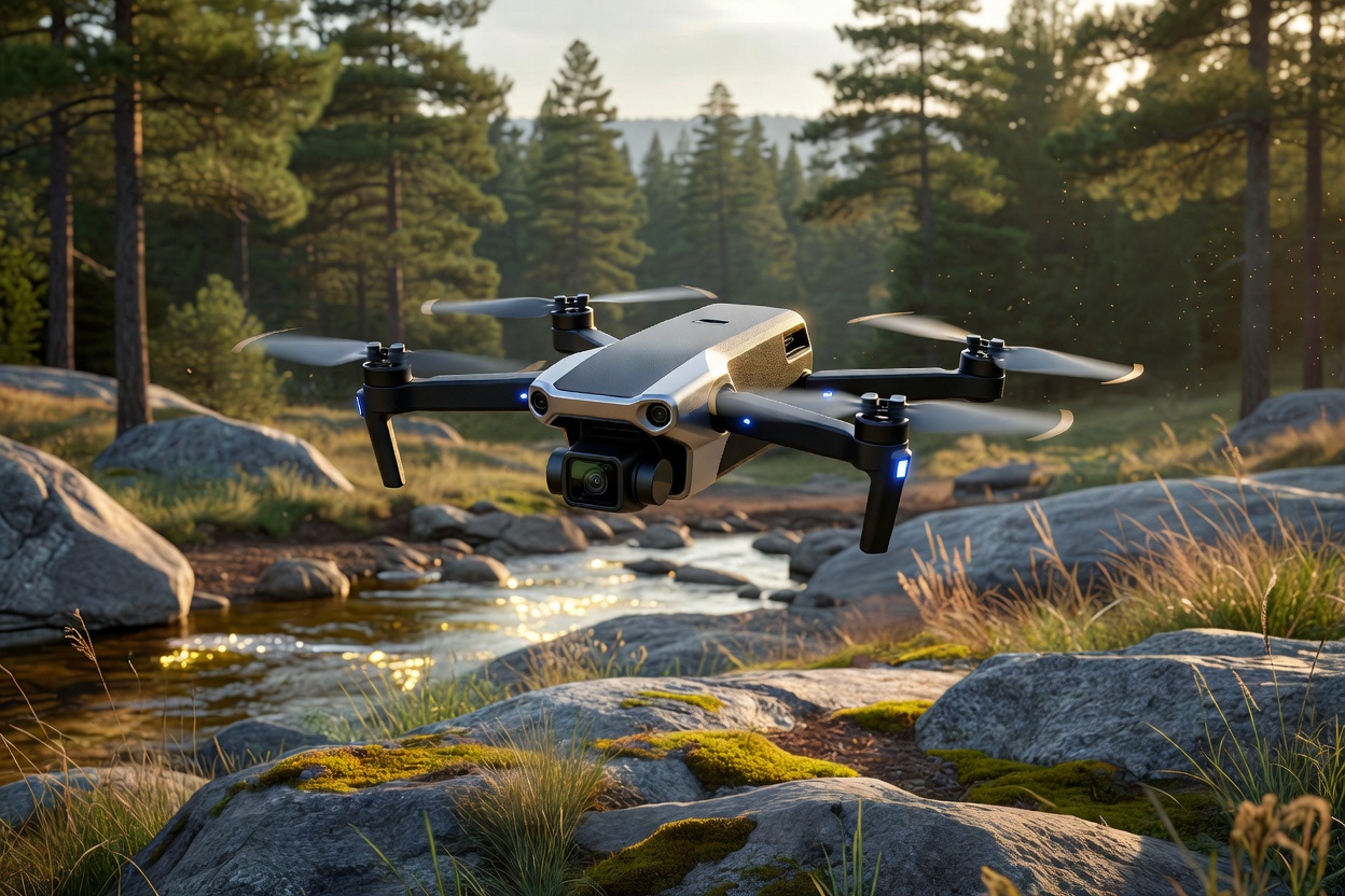 Compact drone with camera hovering outdoors, illustrating the DJI Neo