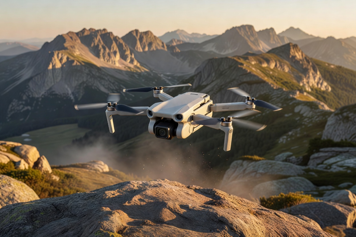 Folding camera drone hovering in the air, illustrating the DJI Mini 4K