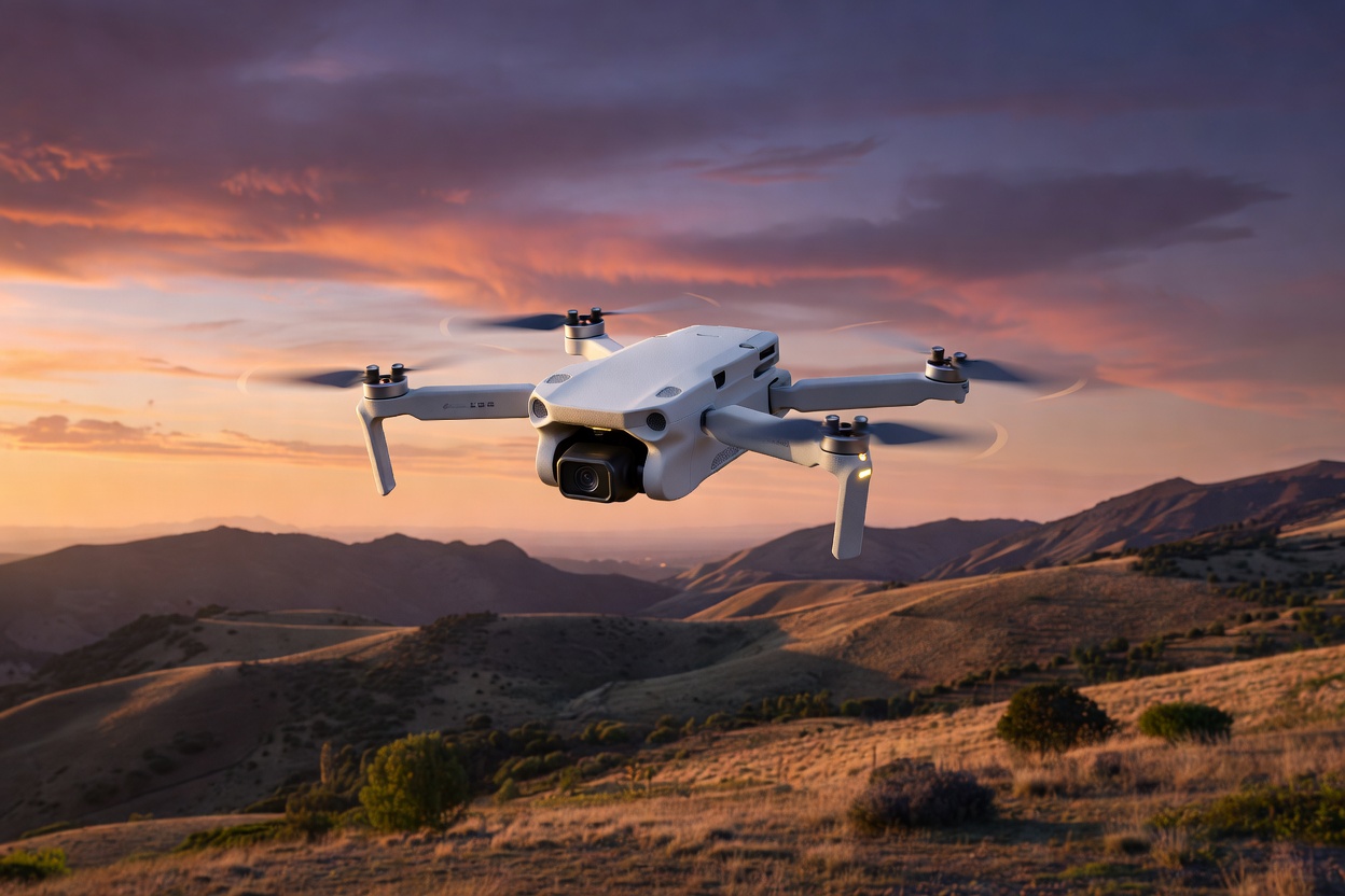 Folding camera drone in flight, illustrating the DJI Mini 4K
