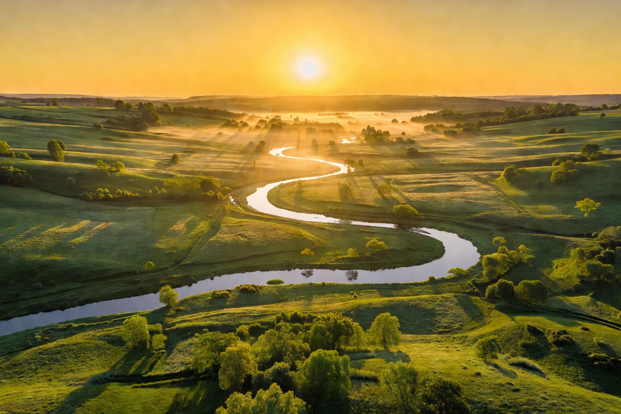 Golden sunrise over a green valley seen from above