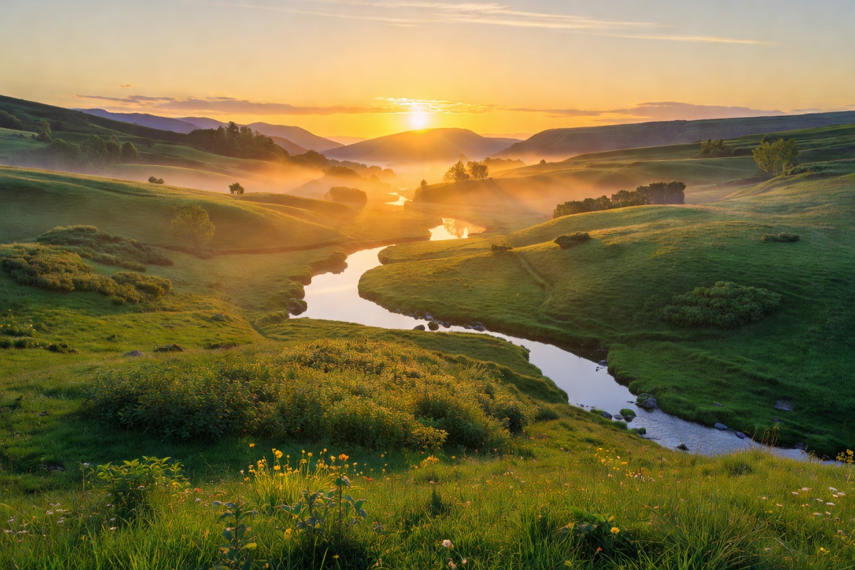 Golden sunrise over a green valley