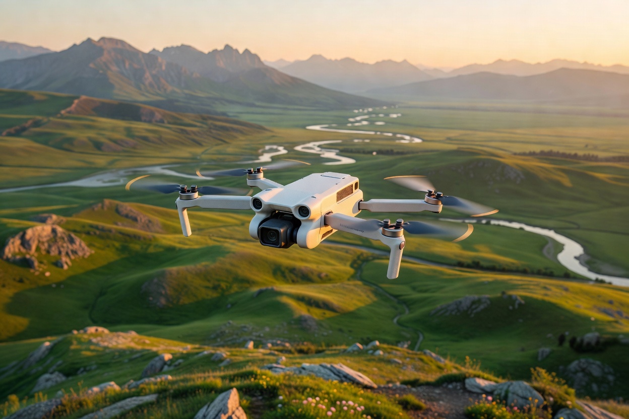 Lightweight camera drone cruising above a landscape, illustrating the DJI Mini 3