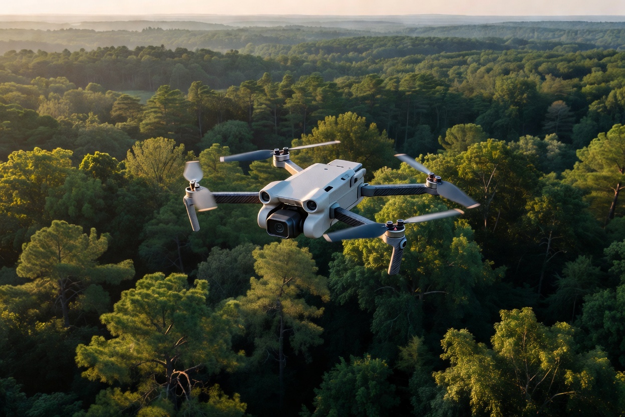 Lightweight camera drone flying over trees, illustrating the DJI Mini 3