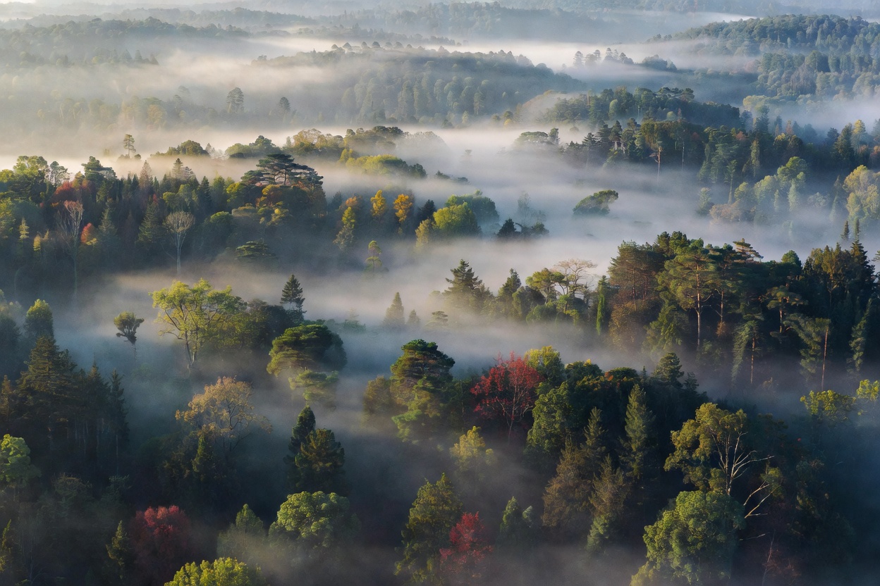 Misty forest hills from above in soft morning light