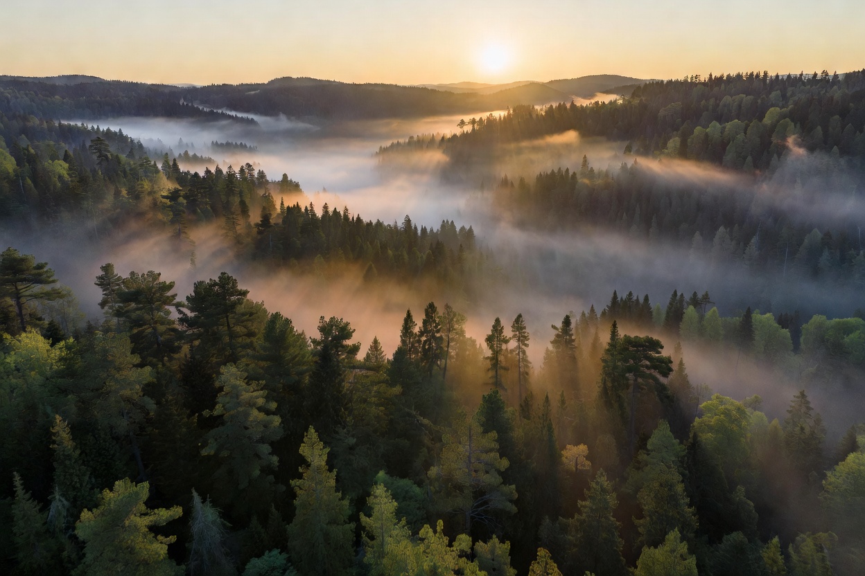 Misty forested hills at sunrise seen from above, the kind of view new drone pilots hope to capture