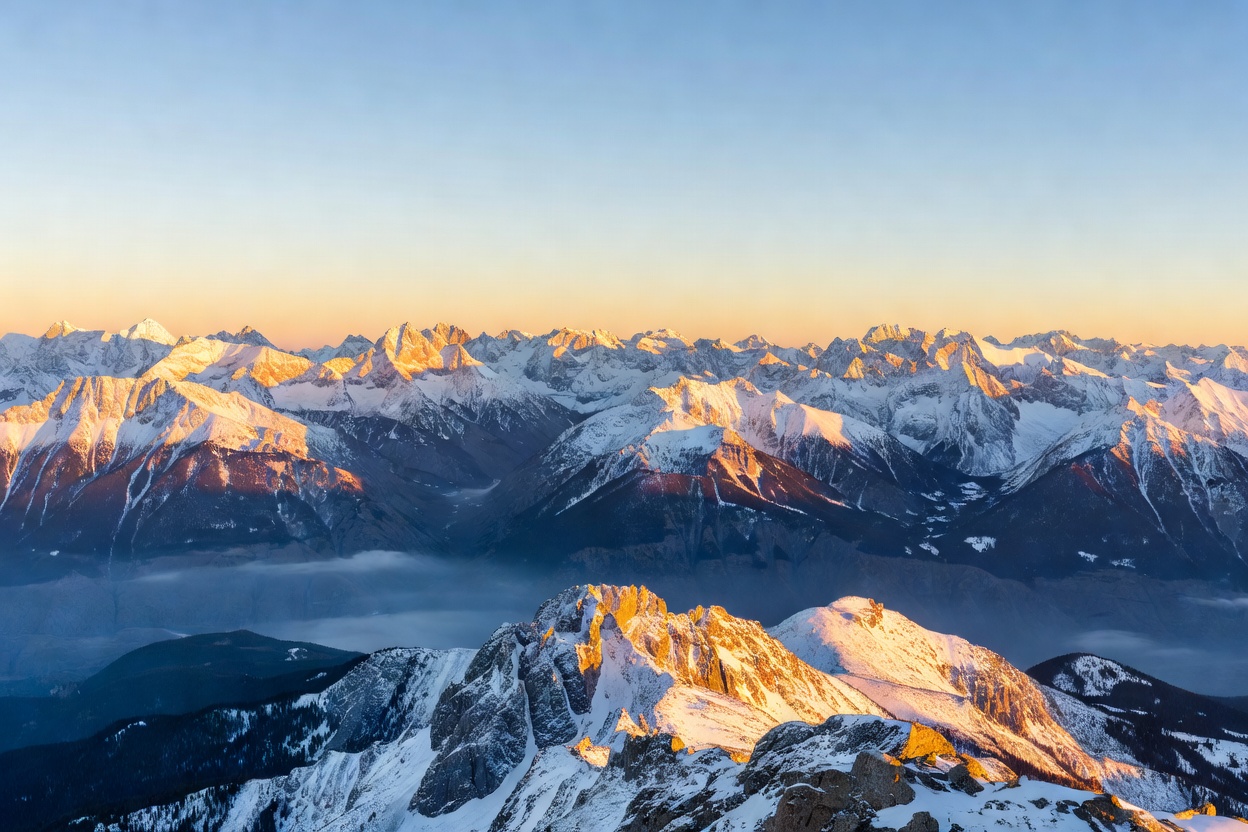 Mountain peaks glowing at sunrise seen from a high vantage point