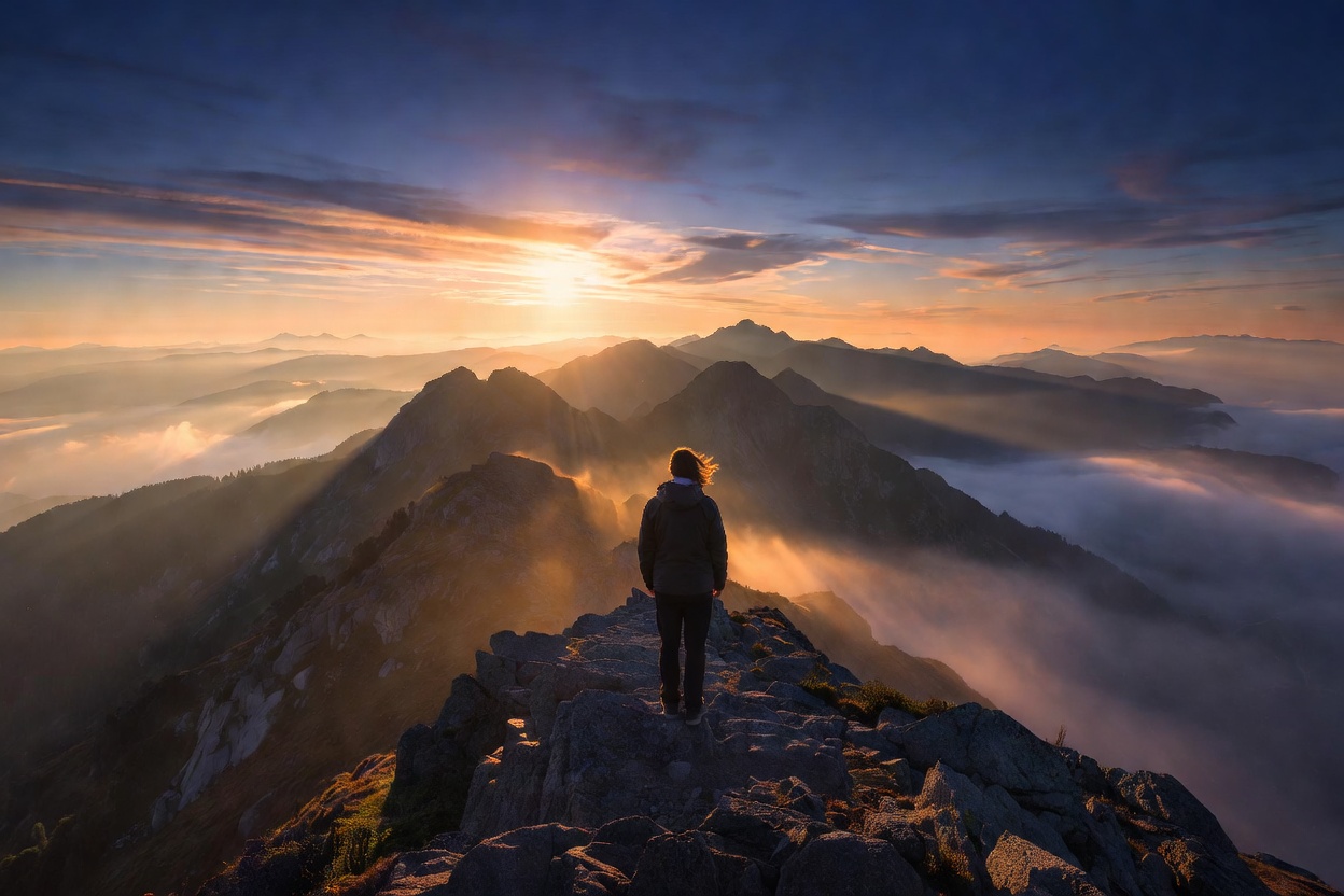 Hiker standing on a mountain ridge at sunrise with layered peaks beyond