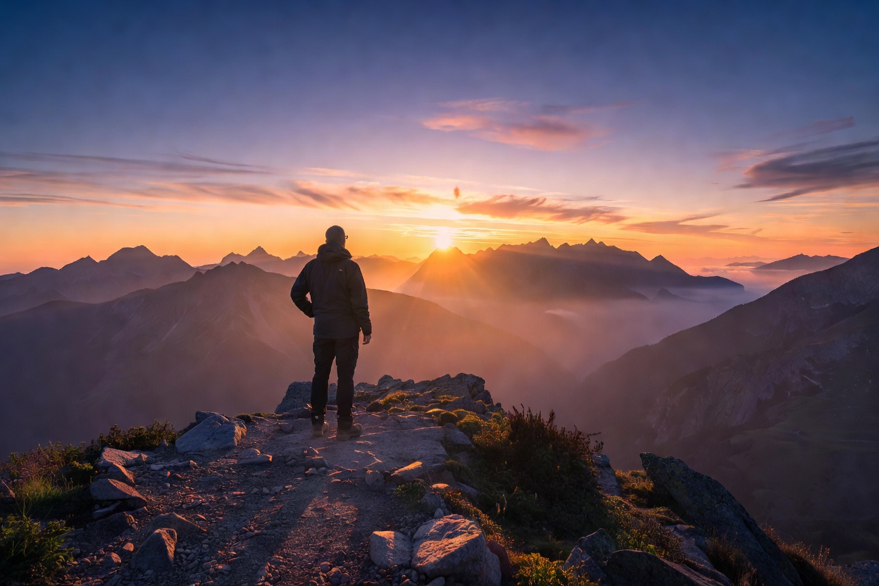 Person standing on a ridge watching the sunrise over mountains