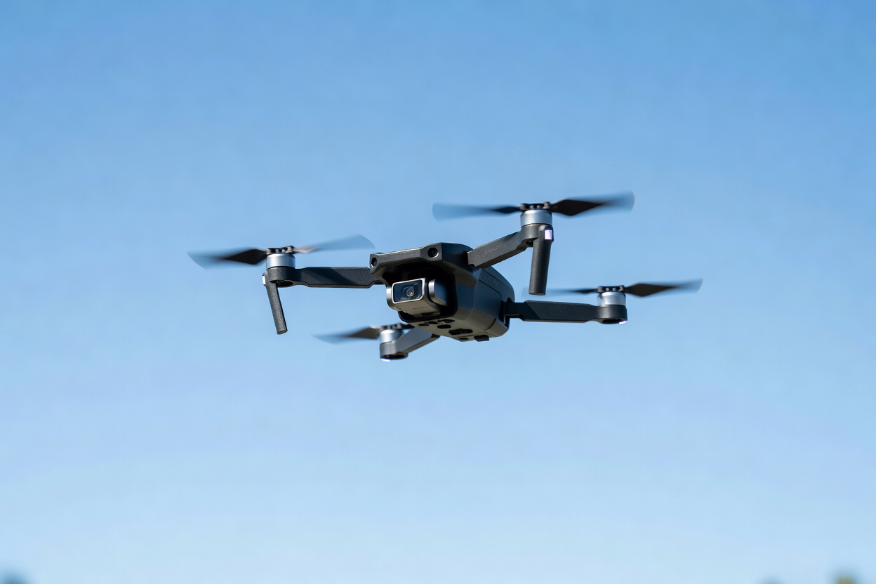 Quadcopter flying against a bright sky, illustrating the Potensic Atom SE