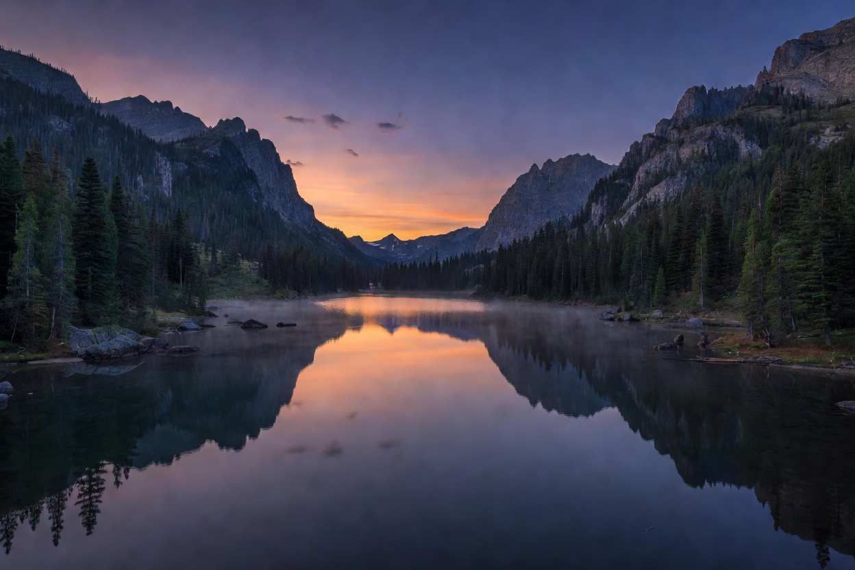 Quiet mountain lake at dusk