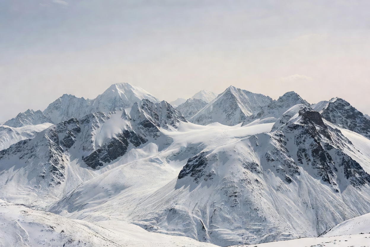 Snowy mountain peaks under a pale sky
