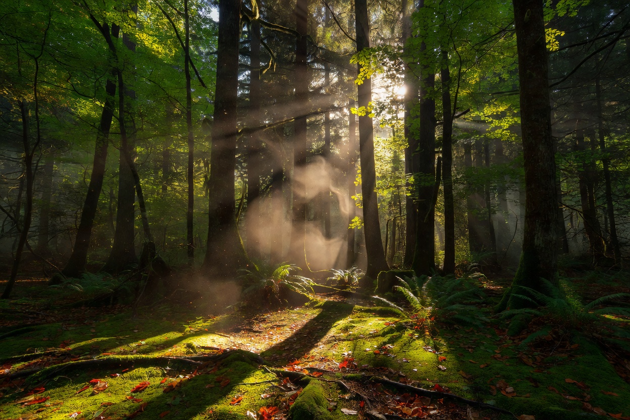Sunlight streaming through a dense forest canopy